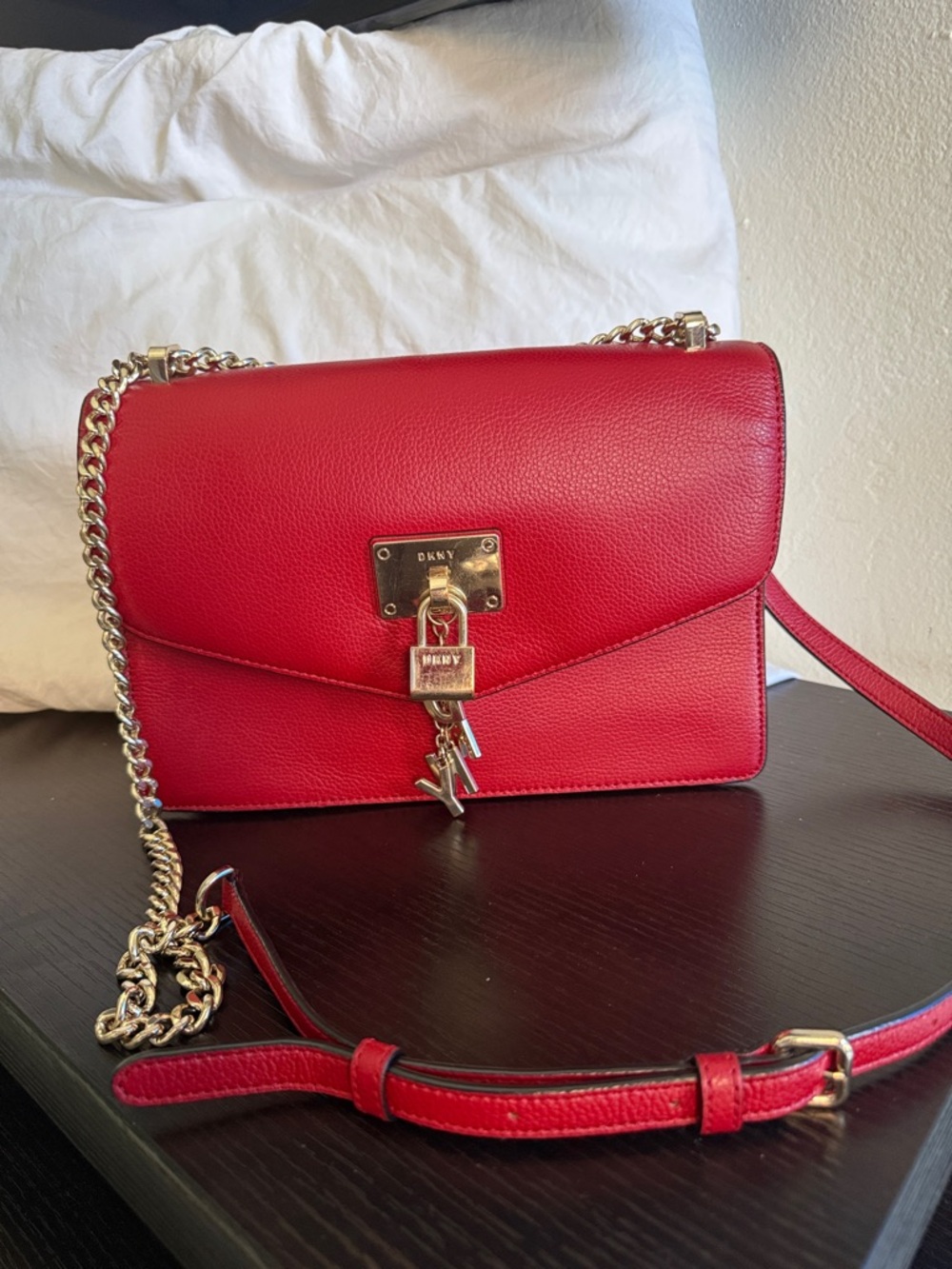 DKNY Red Leather Crossbody with Gold Chain and Padlock Charm